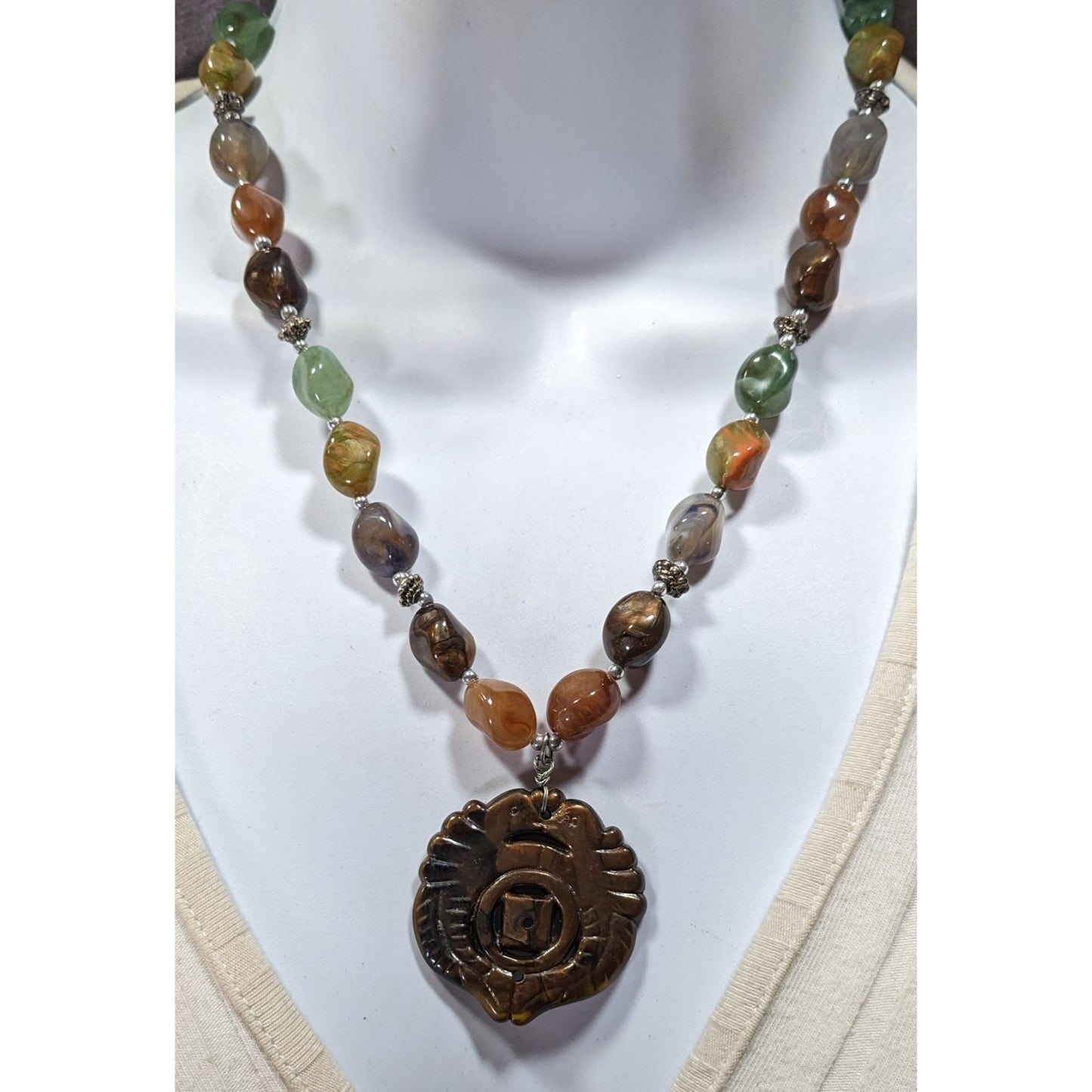 Vintage Chinese Symbol Pendant Necklace With Faux Stone Beads