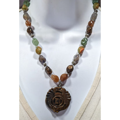 Vintage Chinese Symbol Pendant Necklace With Faux Stone Beads