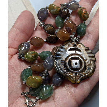 Vintage Chinese Symbol Pendant Necklace With Faux Stone Beads
