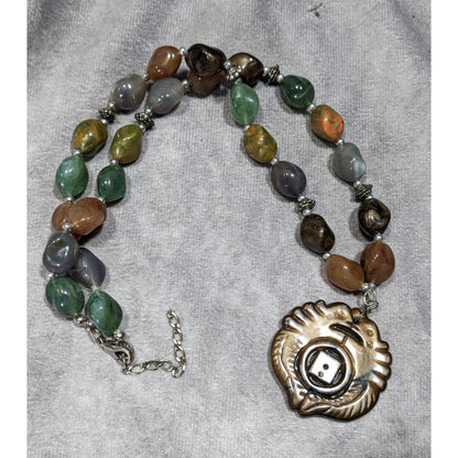 Vintage Chinese Symbol Pendant Necklace With Faux Stone Beads