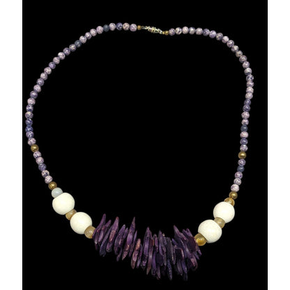 Vintage Purple Wood And Stone Beaded Necklace