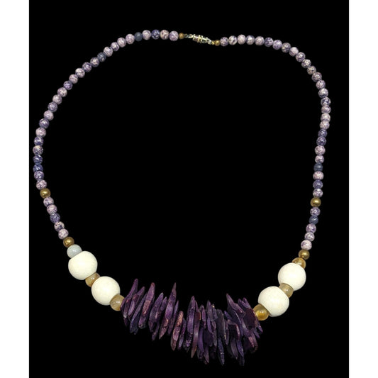 Vintage Purple Wood And Stone Beaded Necklace