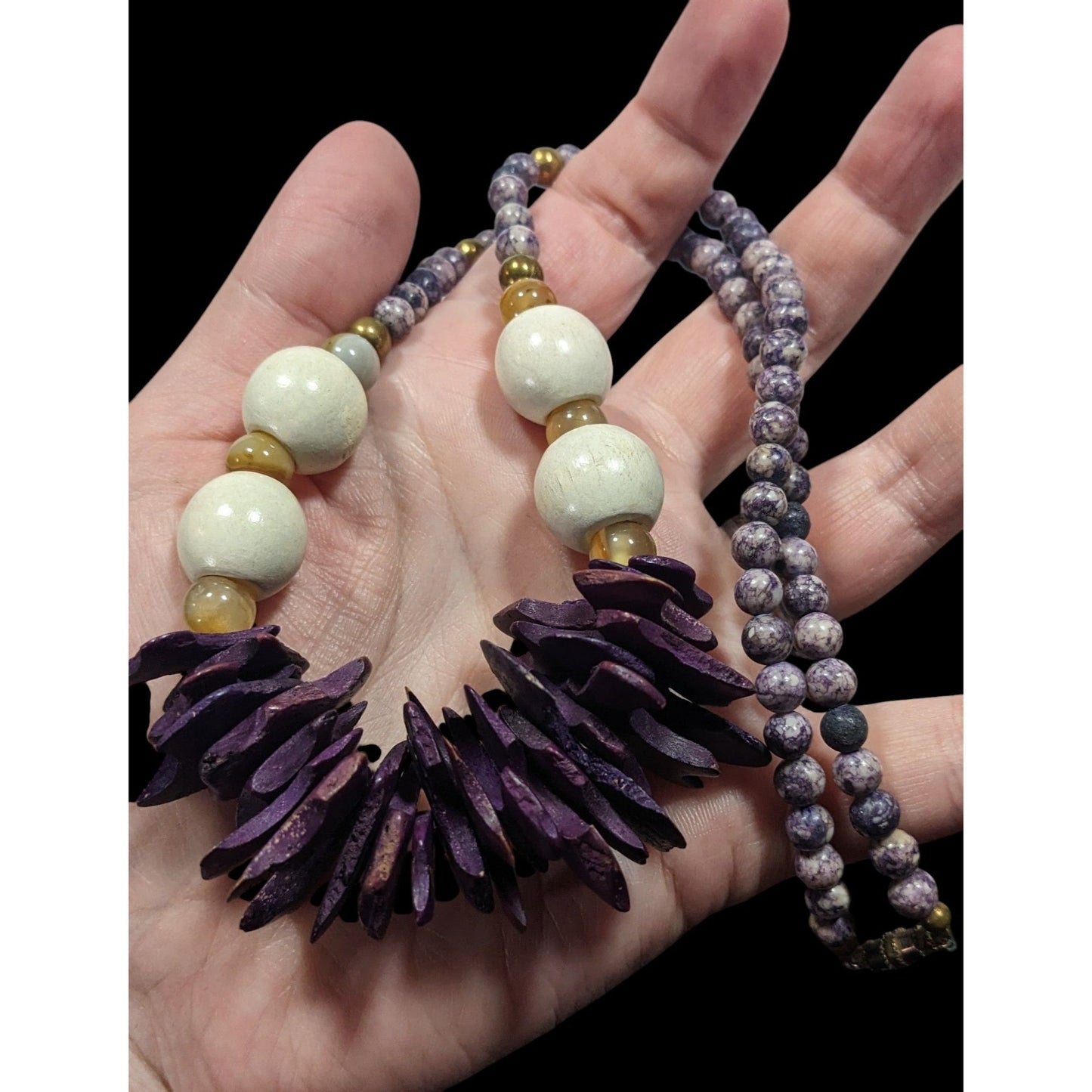 Vintage Purple Wood And Stone Beaded Necklace