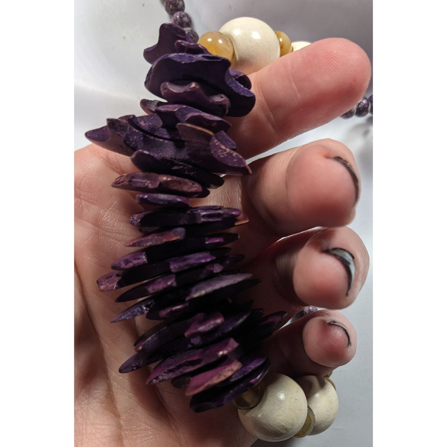 Vintage Purple Wood And Stone Beaded Necklace