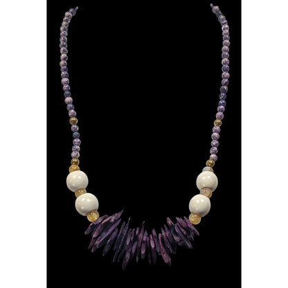 Vintage Purple Wood And Stone Beaded Necklace