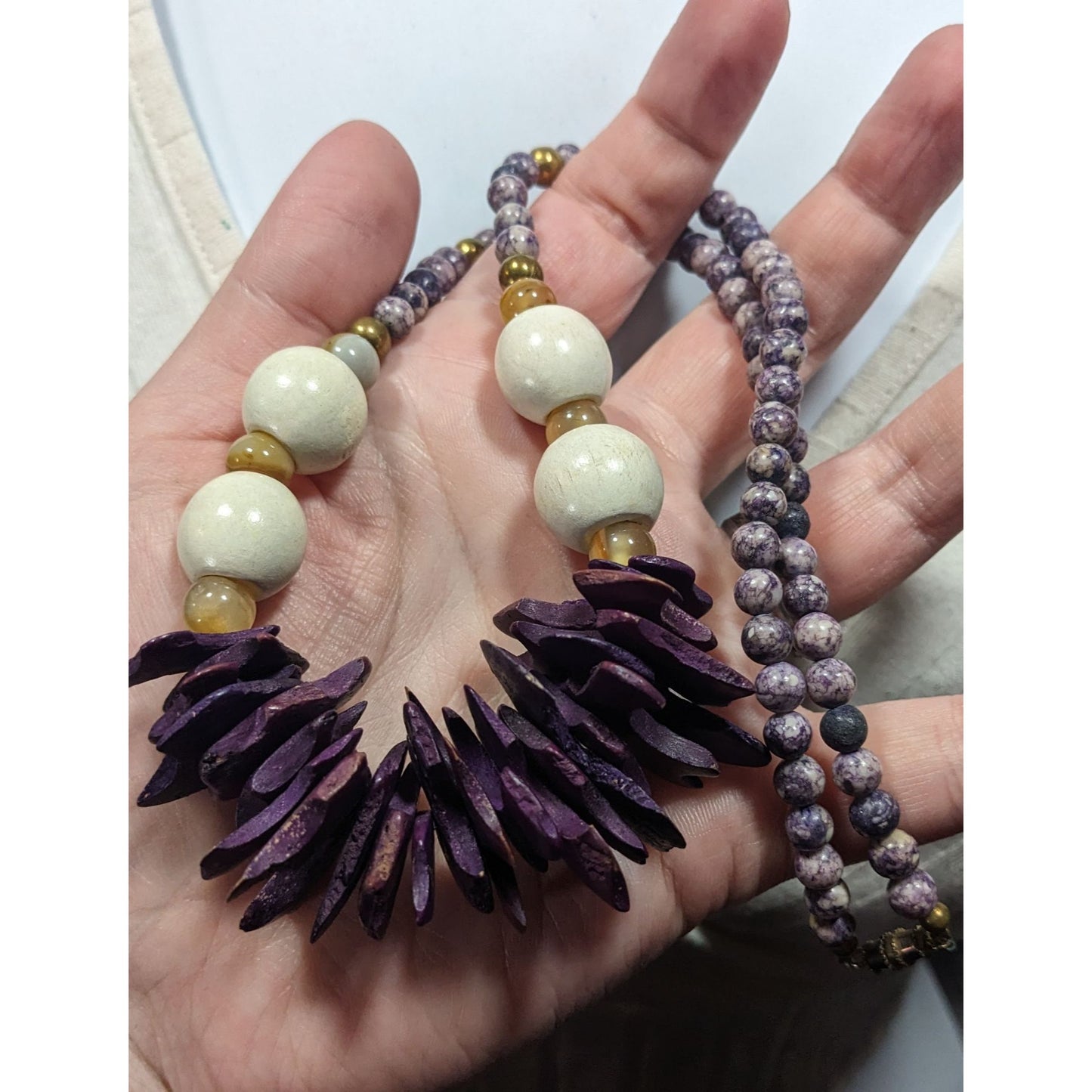 Vintage Purple Wood And Stone Beaded Necklace