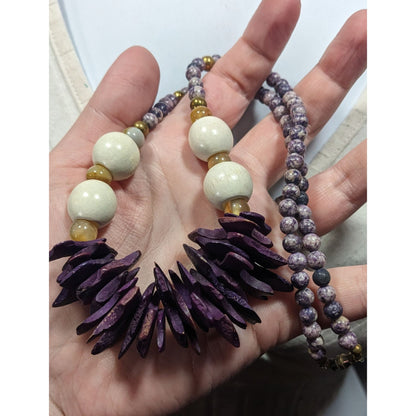 Vintage Purple Wood And Stone Beaded Necklace