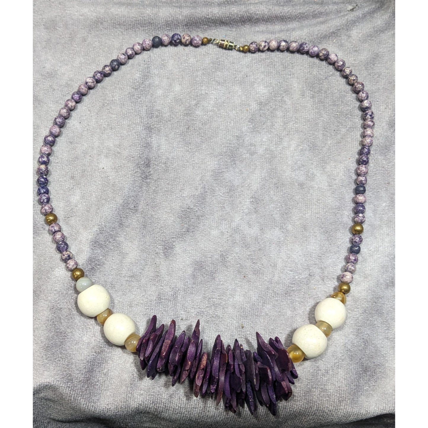 Vintage Purple Wood And Stone Beaded Necklace