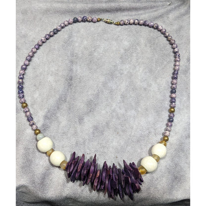 Vintage Purple Wood And Stone Beaded Necklace