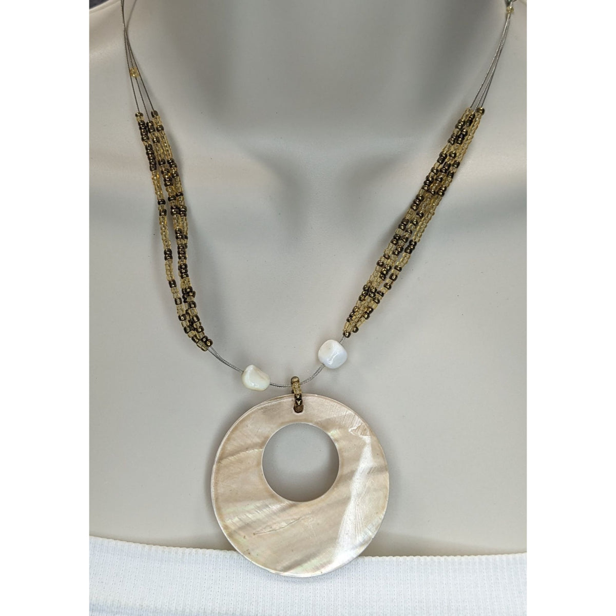 Boho Coastal Mermaidcore Shell Circle Pendant Multi Strand Bead Necklace