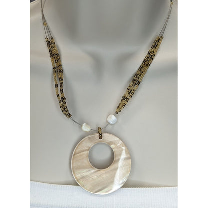 Boho Coastal Mermaidcore Shell Circle Pendant Multi Strand Bead Necklace