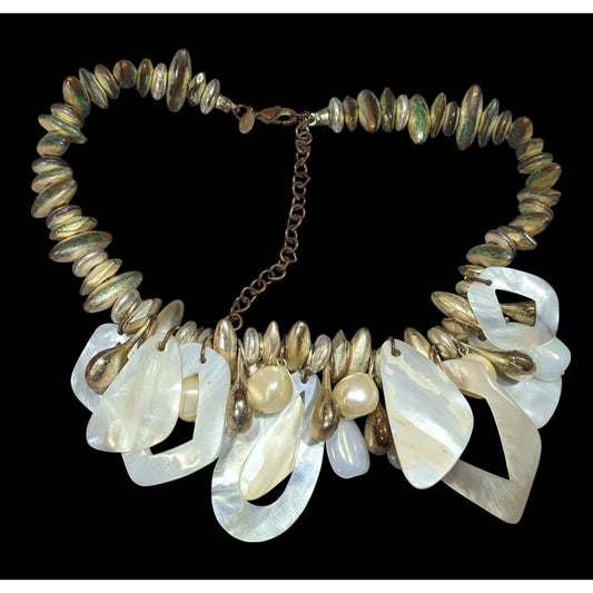 Chico's Vintage Mermaidcore Glam Shell And Gold Tone Chunky Abstract Necklace