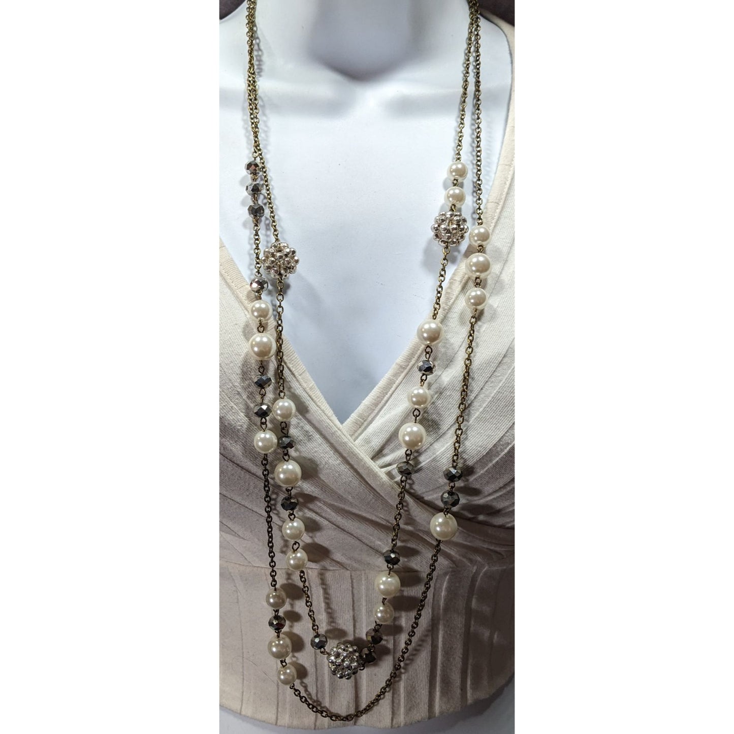 Vintage Traci Lynn Faux Pearl Rhinestone Layered Necklace