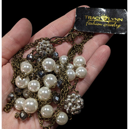Vintage Traci Lynn Faux Pearl Rhinestone Layered Necklace