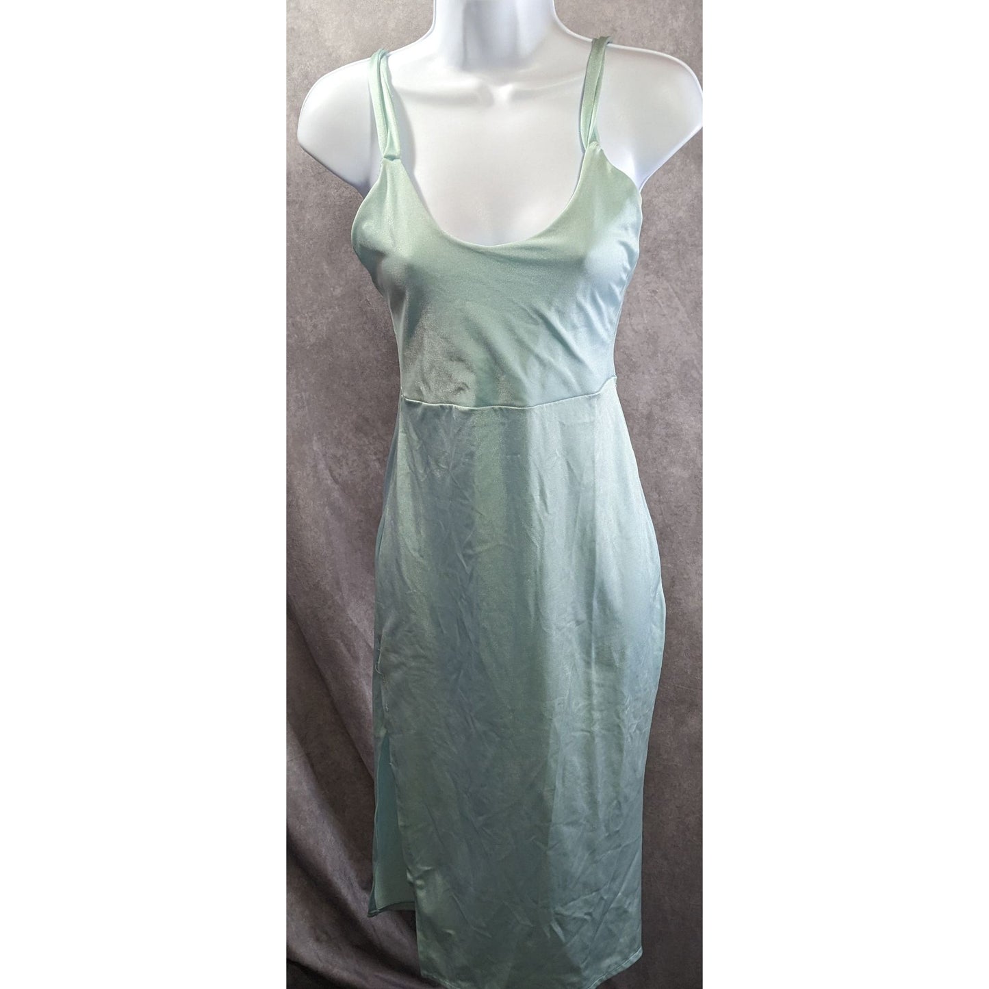 Vintage Light Blue Slip Dress Nightgown With Strappy Open Back & Side Slit