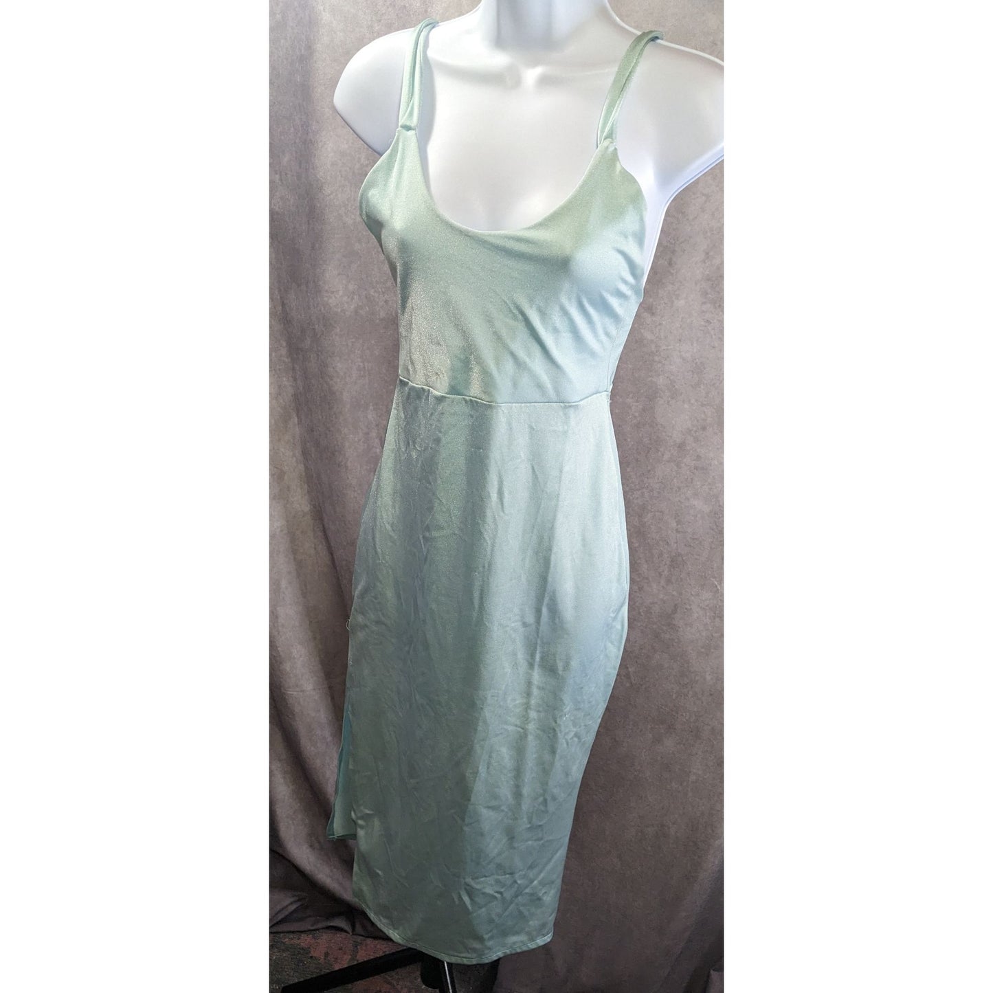 Vintage Light Blue Slip Dress Nightgown With Strappy Open Back & Side Slit
