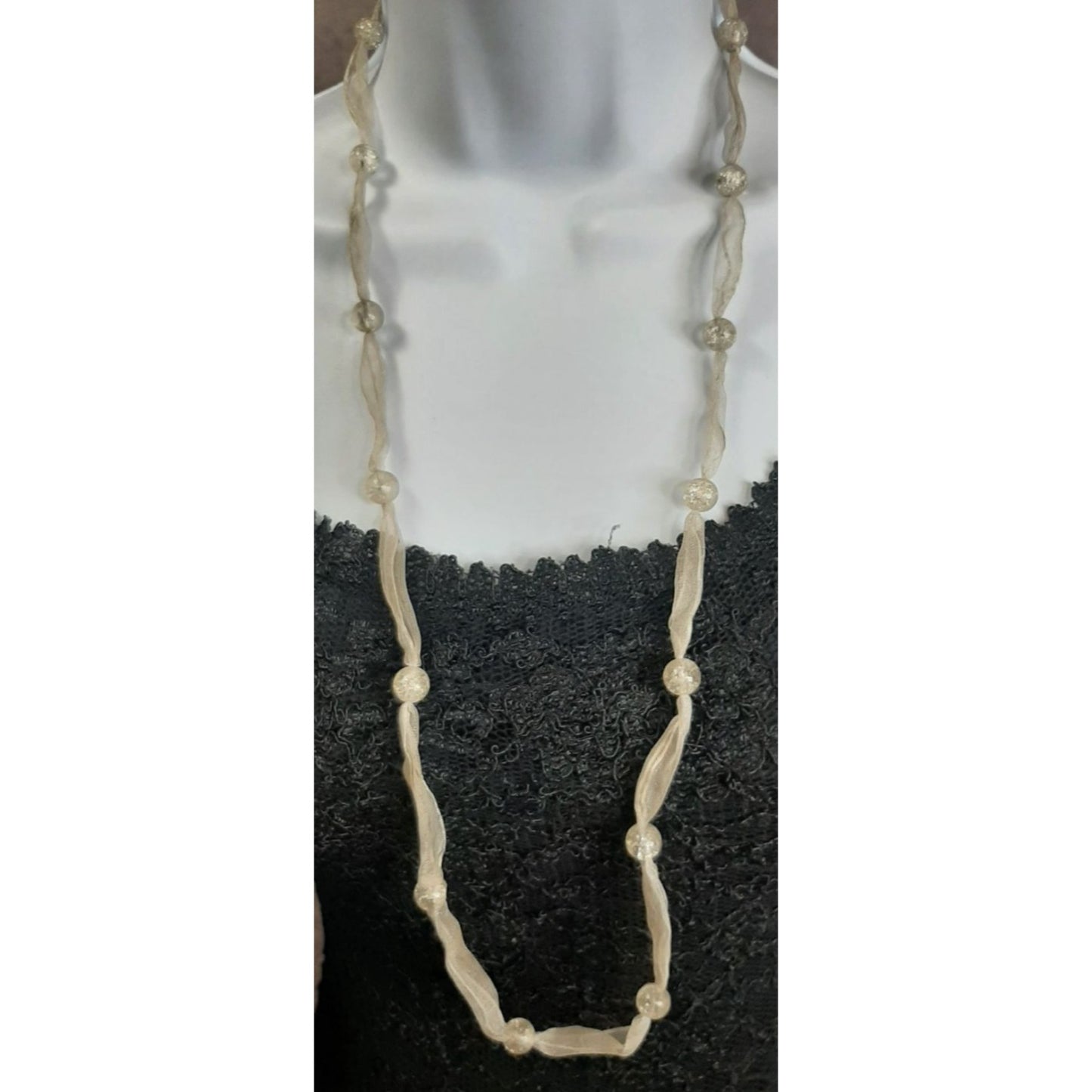Sheer Ribbon Necklace With Clear Crackle Beads