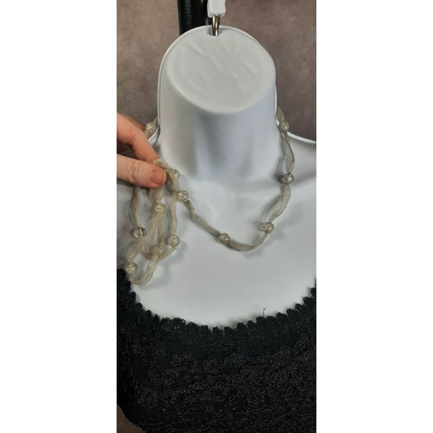 Sheer Ribbon Necklace With Clear Crackle Beads