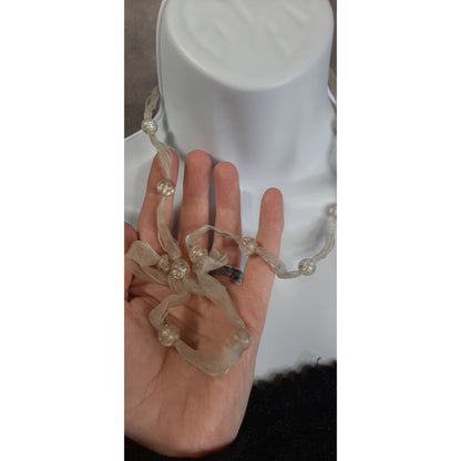 Sheer Ribbon Necklace With Clear Crackle Beads