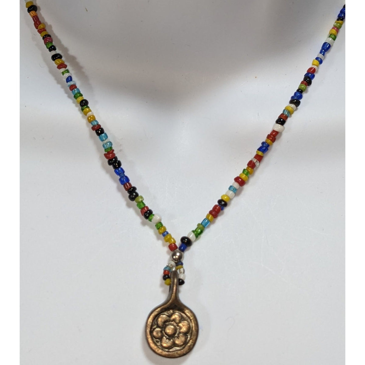 Handmade Boho Rainbow Seed Bead Necklace Bronze Floral Pendant Folk Art