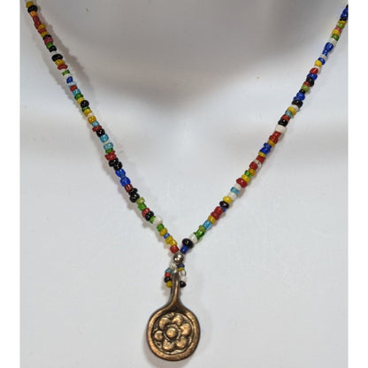 Handmade Boho Rainbow Seed Bead Necklace Bronze Floral Pendant Folk Art