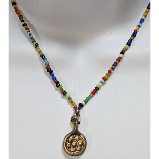 Handmade Boho Rainbow Seed Bead Necklace Bronze Floral Pendant Folk Art