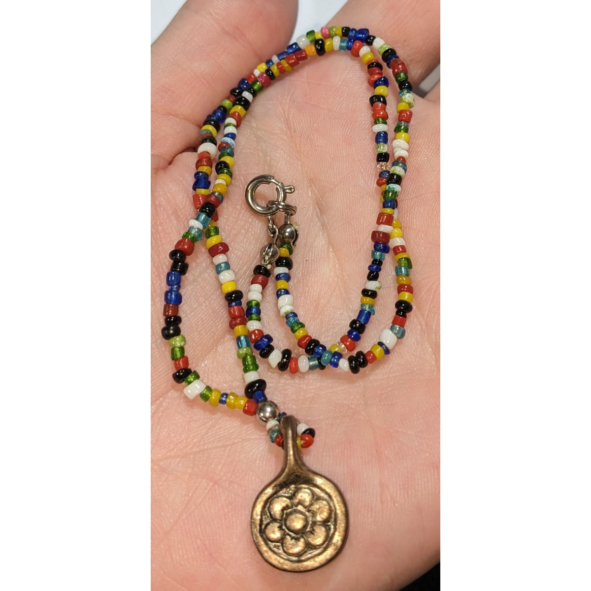 Handmade Boho Rainbow Seed Bead Necklace Bronze Floral Pendant Folk Art
