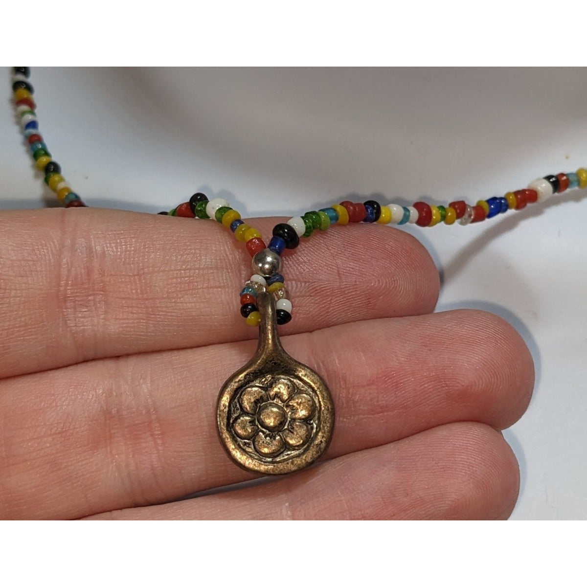 Handmade Boho Rainbow Seed Bead Necklace Bronze Floral Pendant Folk Art