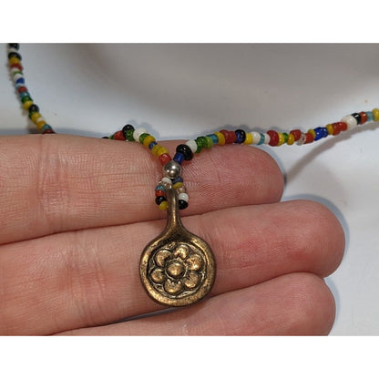 Handmade Boho Rainbow Seed Bead Necklace Bronze Floral Pendant Folk Art