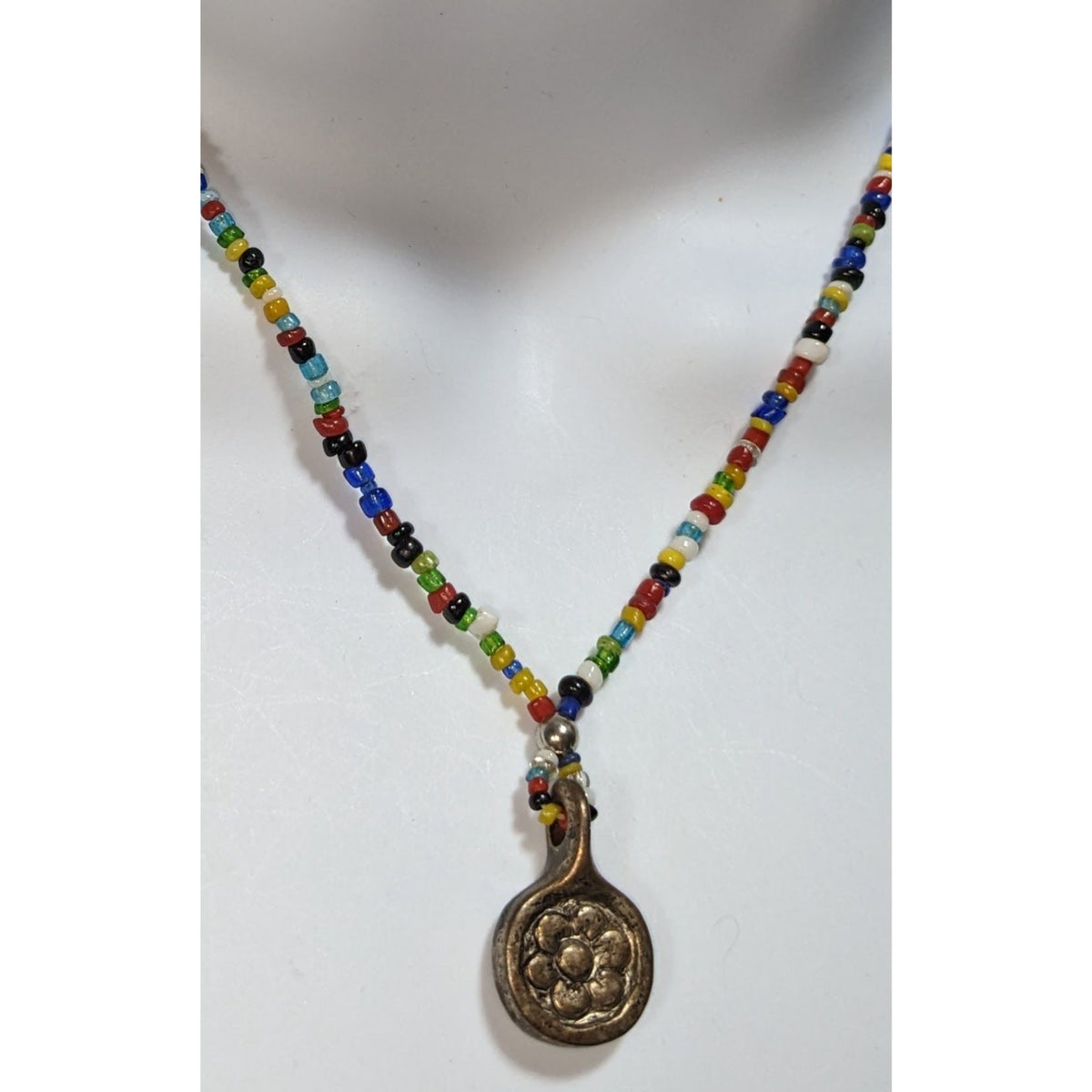 Handmade Boho Rainbow Seed Bead Necklace Bronze Floral Pendant Folk Art