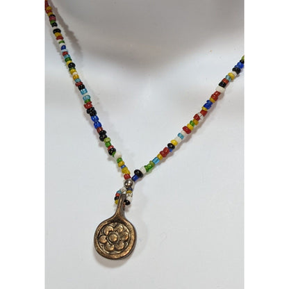 Handmade Boho Rainbow Seed Bead Necklace Bronze Floral Pendant Folk Art