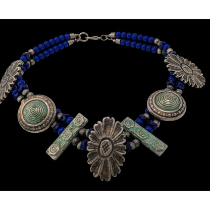 Vintage Handmade Floral Chunky Distressed Blue And Silver Tone Necklace
