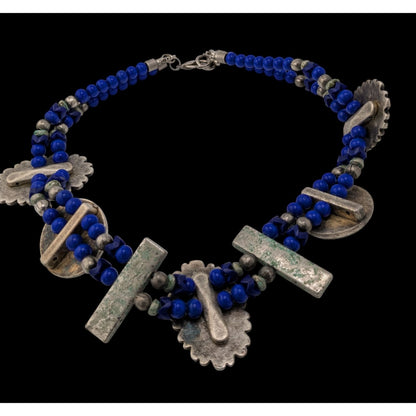 Vintage Handmade Floral Chunky Distressed Blue And Silver Tone Necklace