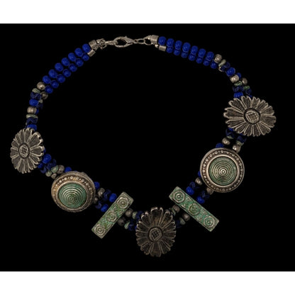 Vintage Handmade Floral Chunky Distressed Blue And Silver Tone Necklace