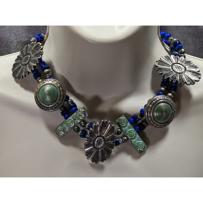 Vintage Handmade Floral Chunky Distressed Blue And Silver Tone Necklace