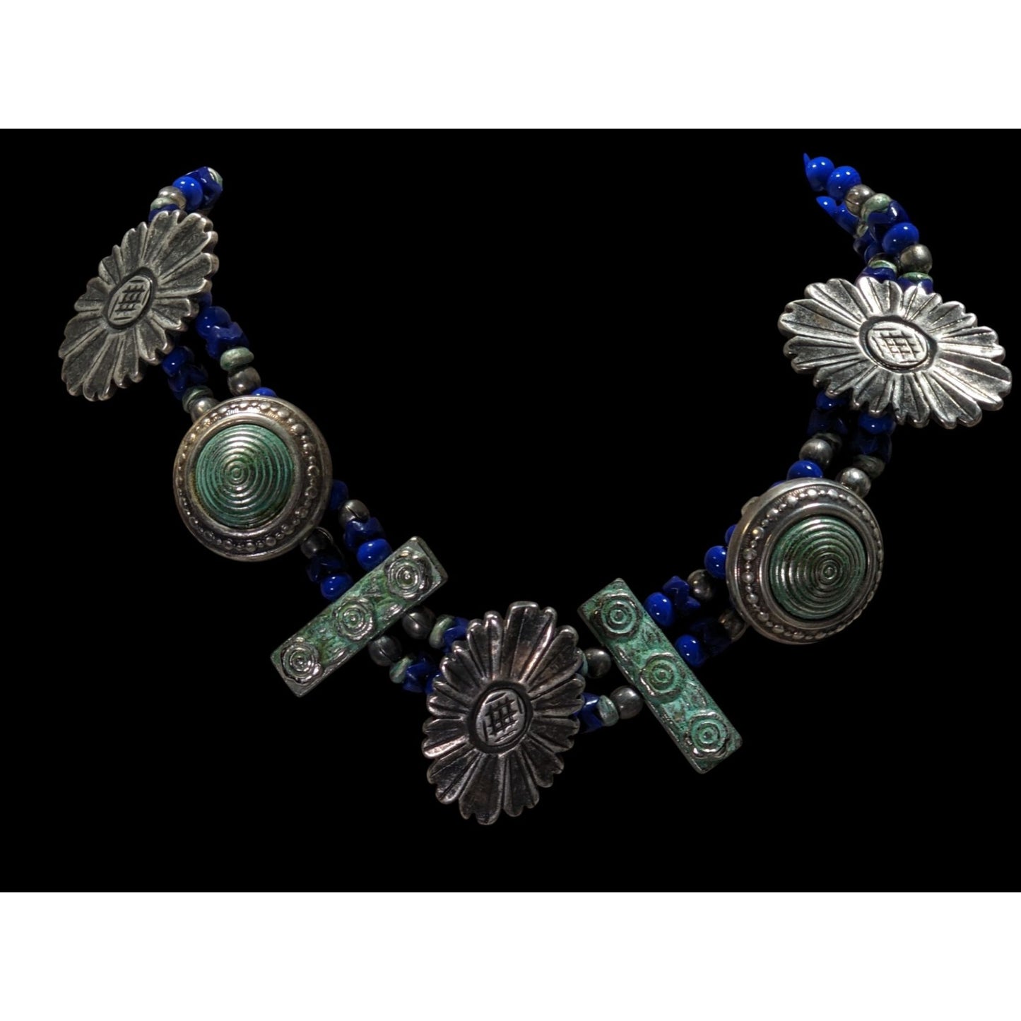 Vintage Handmade Floral Chunky Distressed Blue And Silver Tone Necklace