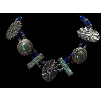 Vintage Handmade Floral Chunky Distressed Blue And Silver Tone Necklace