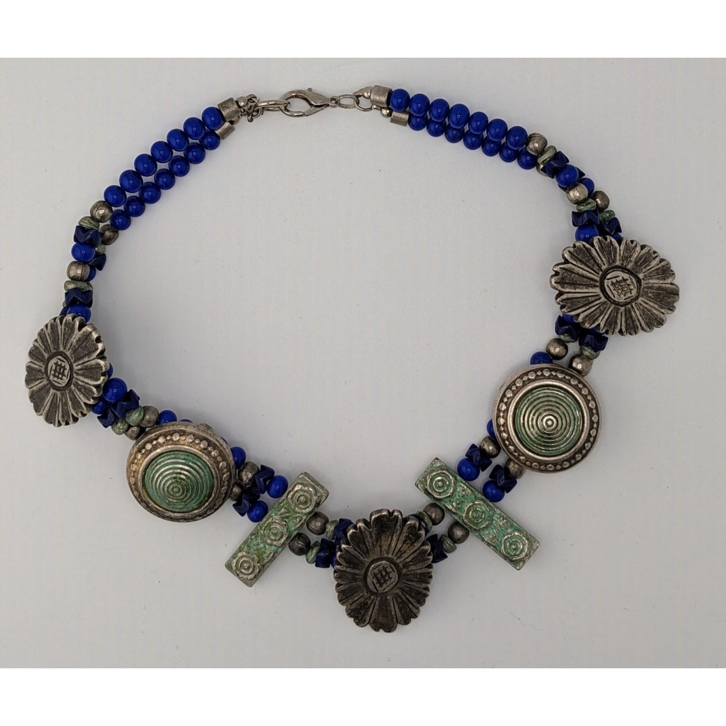 Vintage Handmade Floral Chunky Distressed Blue And Silver Tone Necklace