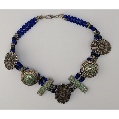 Vintage Handmade Floral Chunky Distressed Blue And Silver Tone Necklace