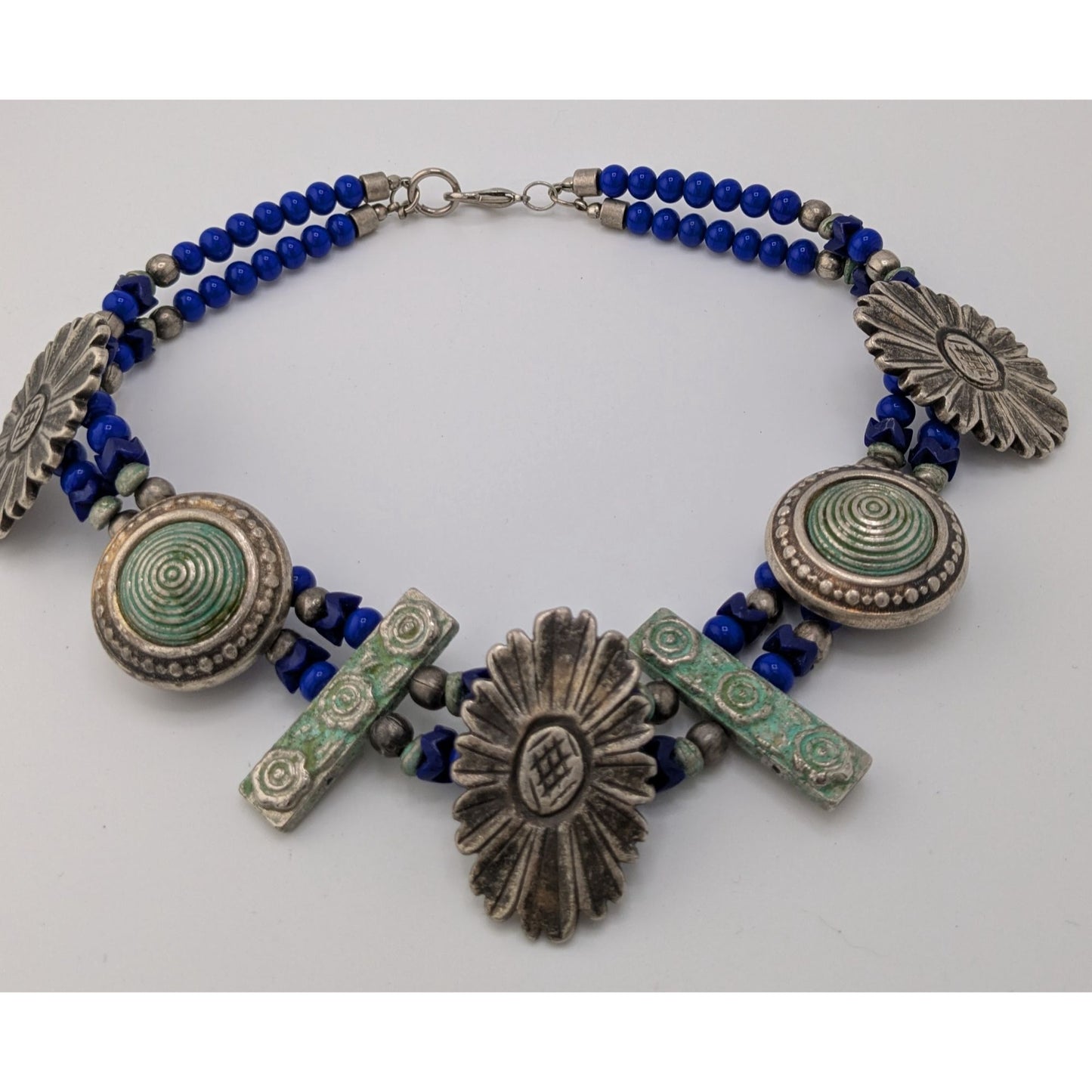 Vintage Handmade Floral Chunky Distressed Blue And Silver Tone Necklace