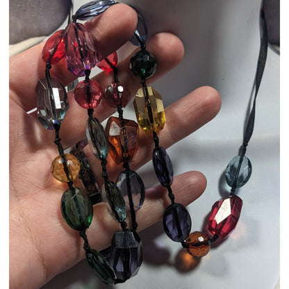 Avenue Rainbow Gemmed Black Ribbon Necklace