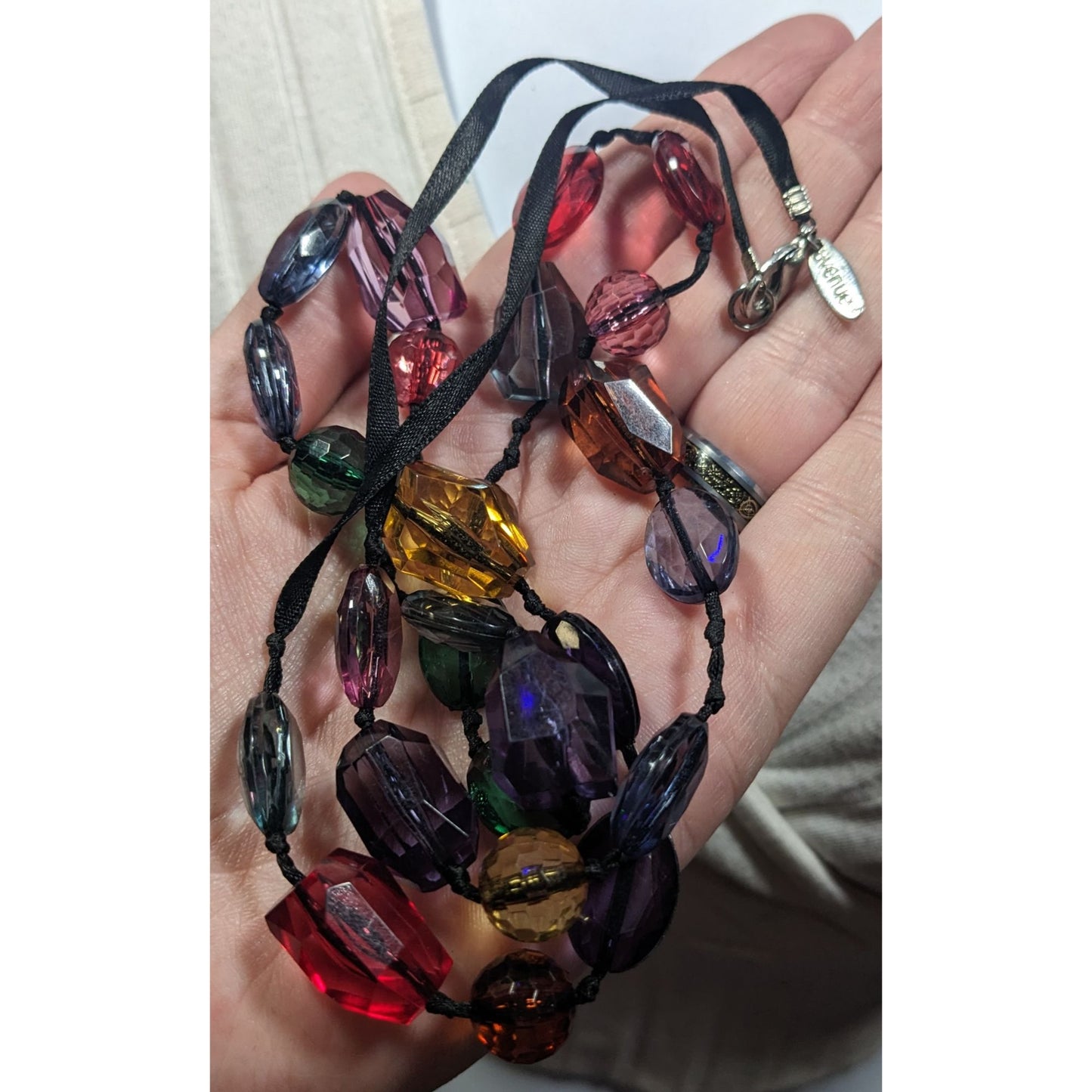 Avenue Rainbow Gemmed Black Ribbon Necklace