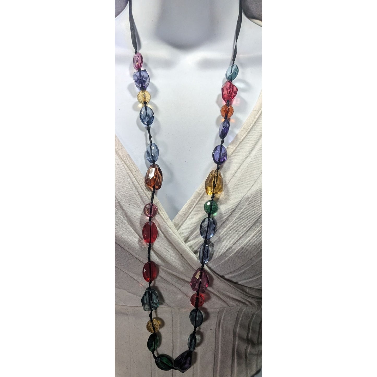 Avenue Rainbow Gemmed Black Ribbon Necklace