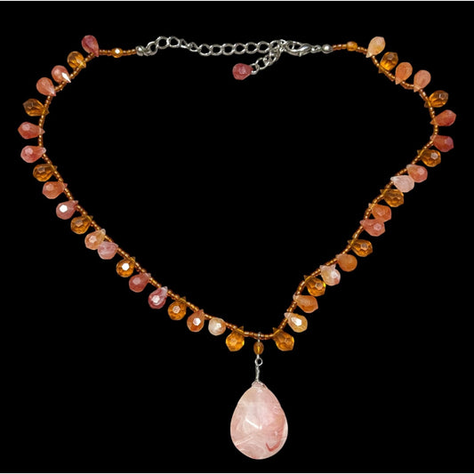 Handcrafted Coquette Acrylic Necklace With Pink Teardrop Pendant & Orange Beads