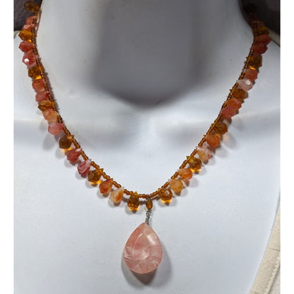 Handcrafted Coquette Acrylic Necklace With Pink Teardrop Pendant & Orange Beads