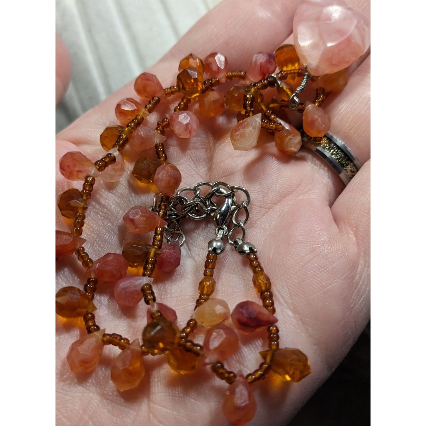 Handcrafted Coquette Acrylic Necklace With Pink Teardrop Pendant & Orange Beads