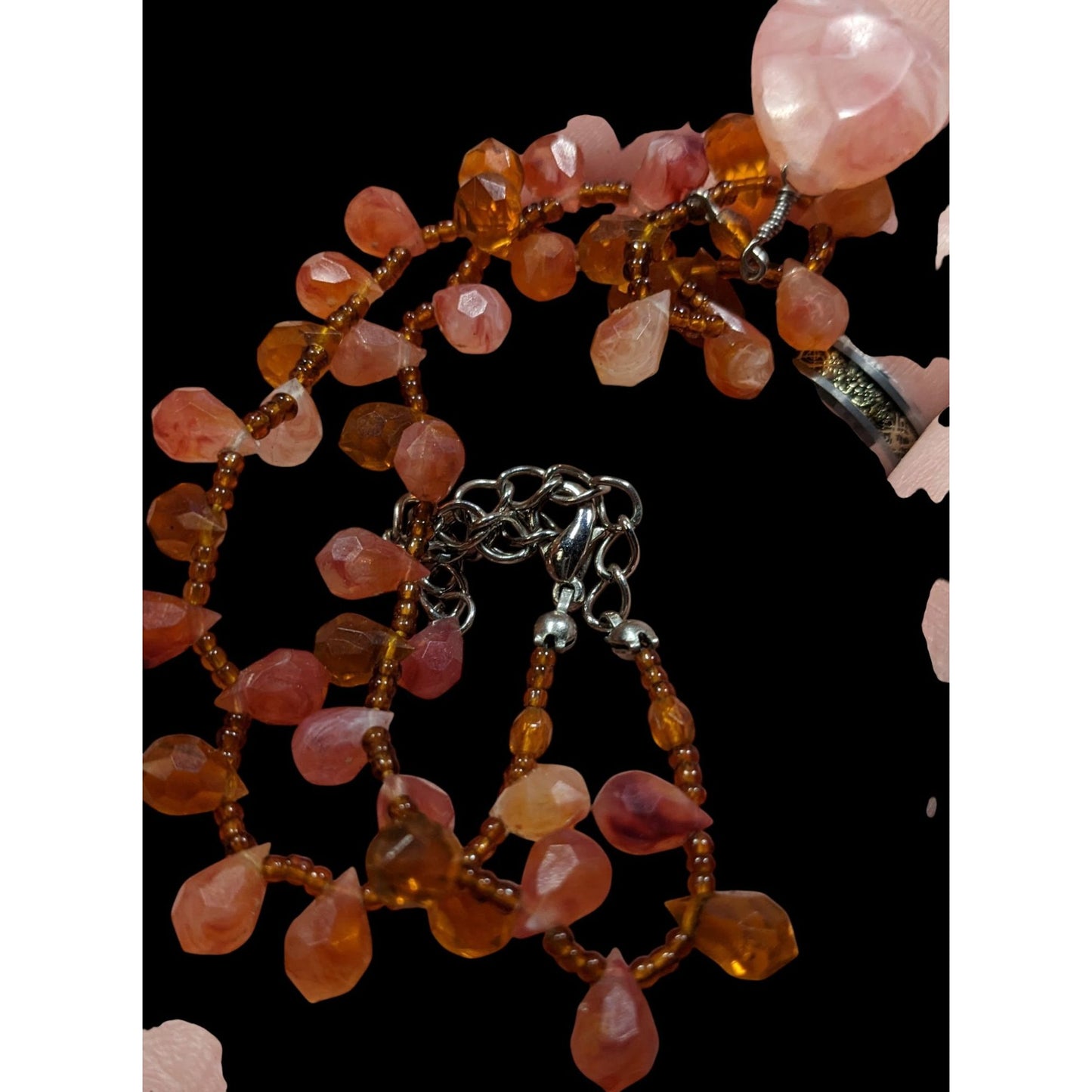 Handcrafted Coquette Acrylic Necklace With Pink Teardrop Pendant & Orange Beads