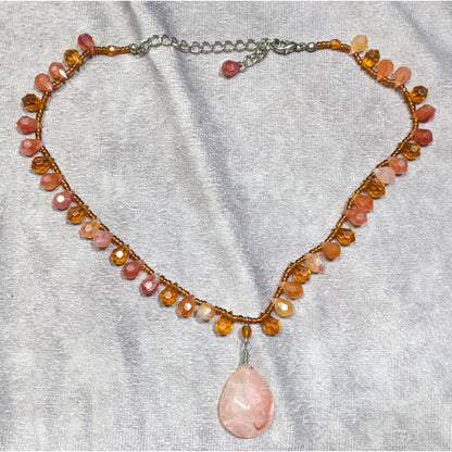 Handcrafted Coquette Acrylic Necklace With Pink Teardrop Pendant & Orange Beads
