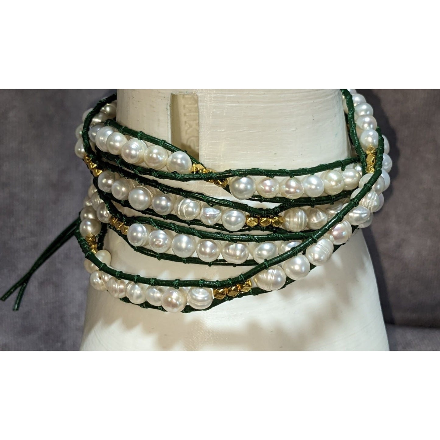 Boho Pearl Wrap Bracelet Victoria Emerson Green Leather Gold Tone