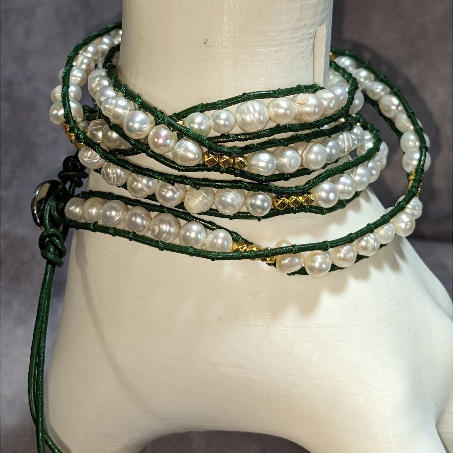 Boho Pearl Wrap Bracelet Victoria Emerson Green Leather Gold Tone